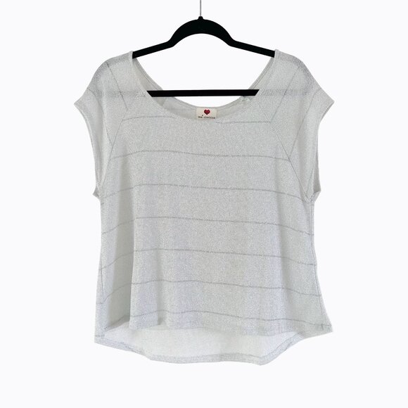 One Clothing Sheer Metallic Top SzM/L Silver Shimmer Stripe Short Sleeve 90s Y2K - Picture 1 of 6